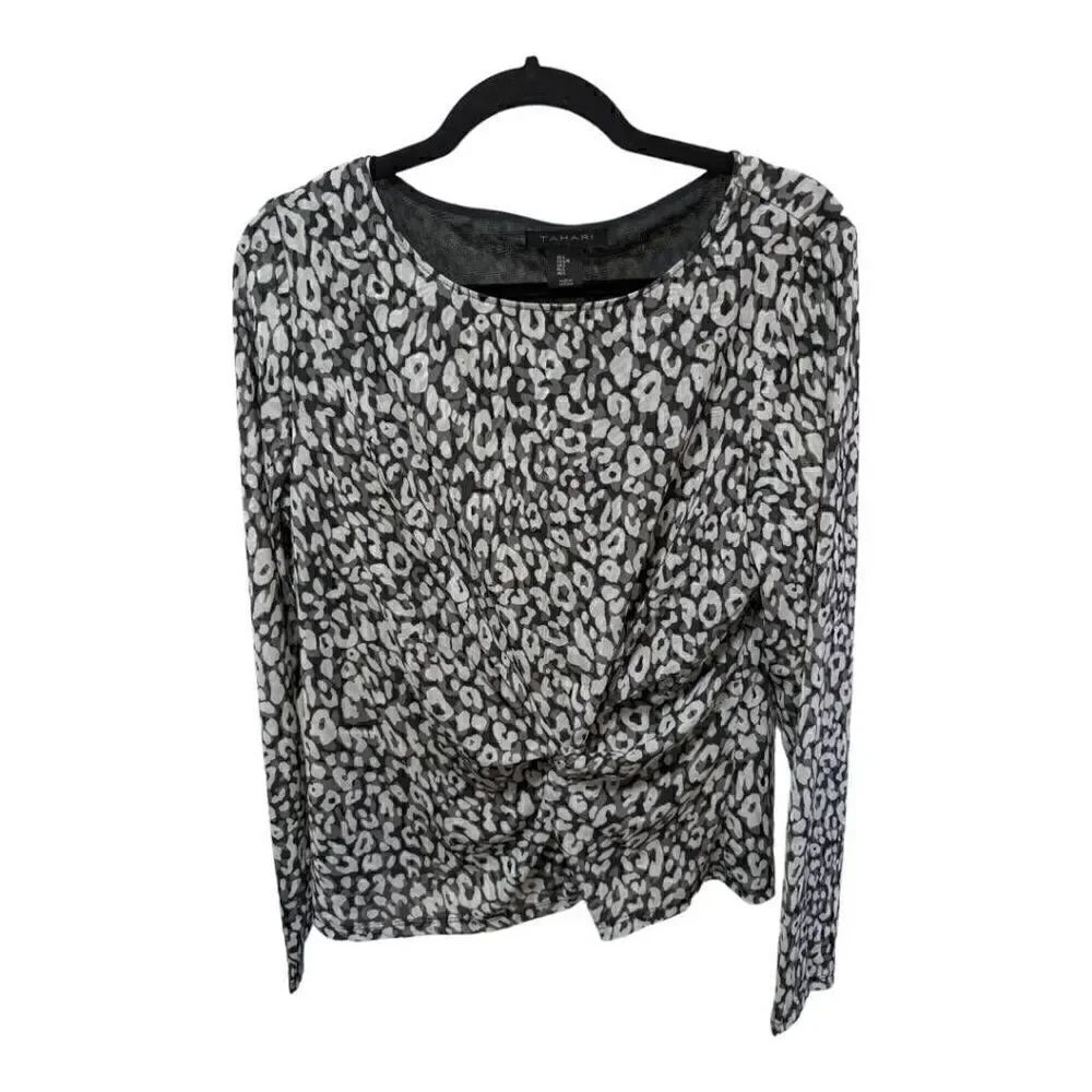 Tahari Animal Print Long Sleeve Gray Black White Blouse with Bunched Front Wome